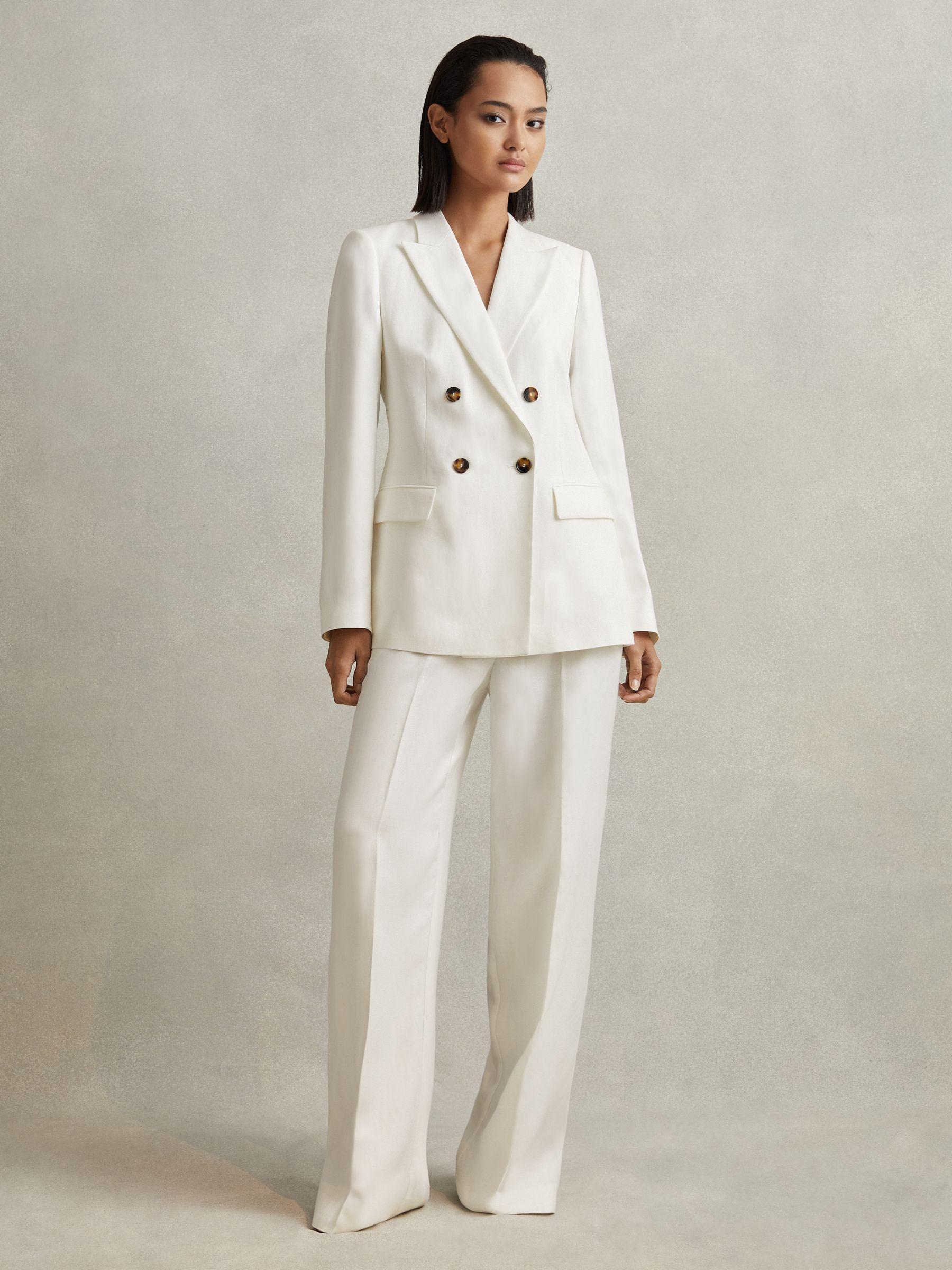 Petite Viscose-Linen Double Breasted Suit Blazer in White Product Image