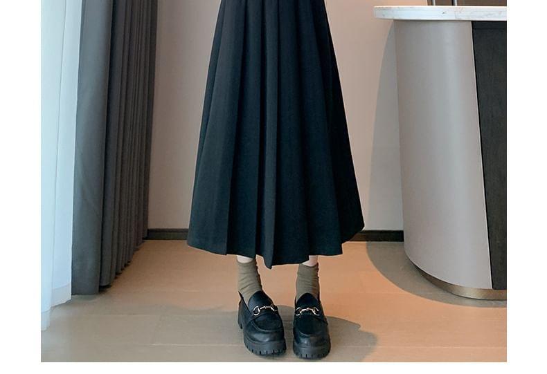 Set: High Waist Plain Pleated Midi A-Line Skirt + Belt Product Image