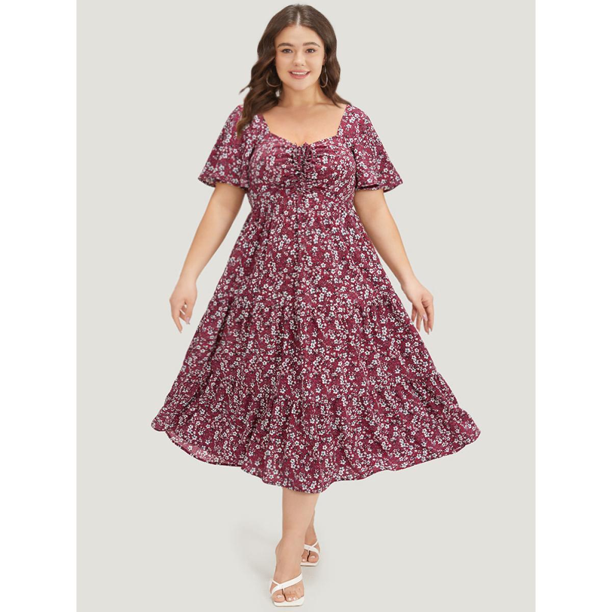 Plus Size Ditsy Floral Pocket Drawstring Ruched Flutter Sleeve Dress Scarlet Women Elegant Printed Square Neck Short sleeve Curvy Midi Dress BloomChic 26/4X Product Image