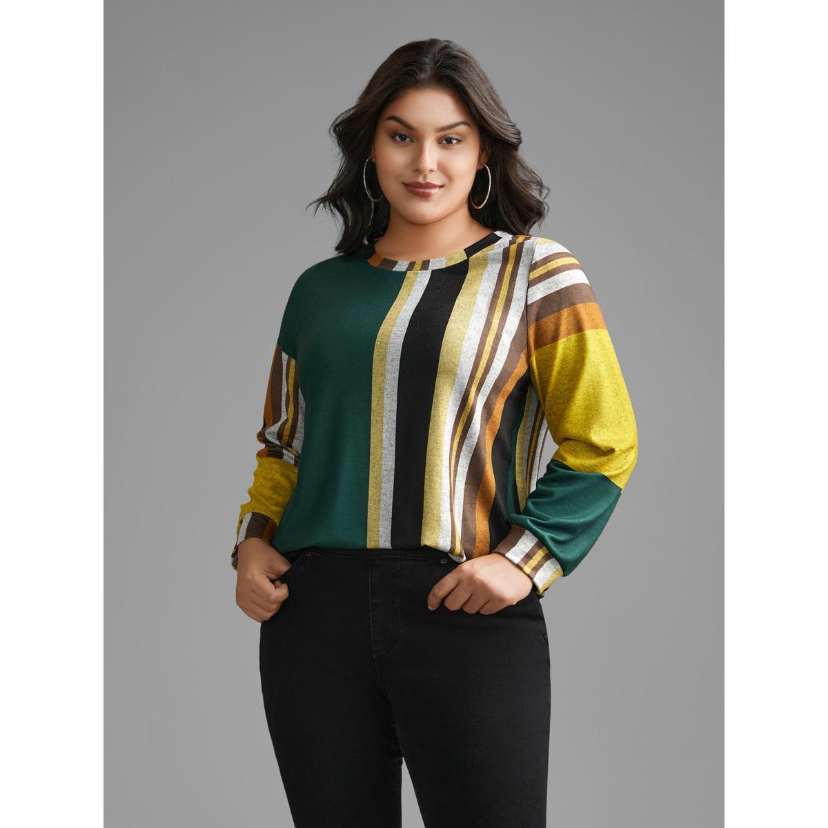 Plus Size Colored Striped Crew Neck T-shirt Multicolor Women Casual Contrast Round Neck Loose Everyday T-shirts BloomChic 28/5X Product Image