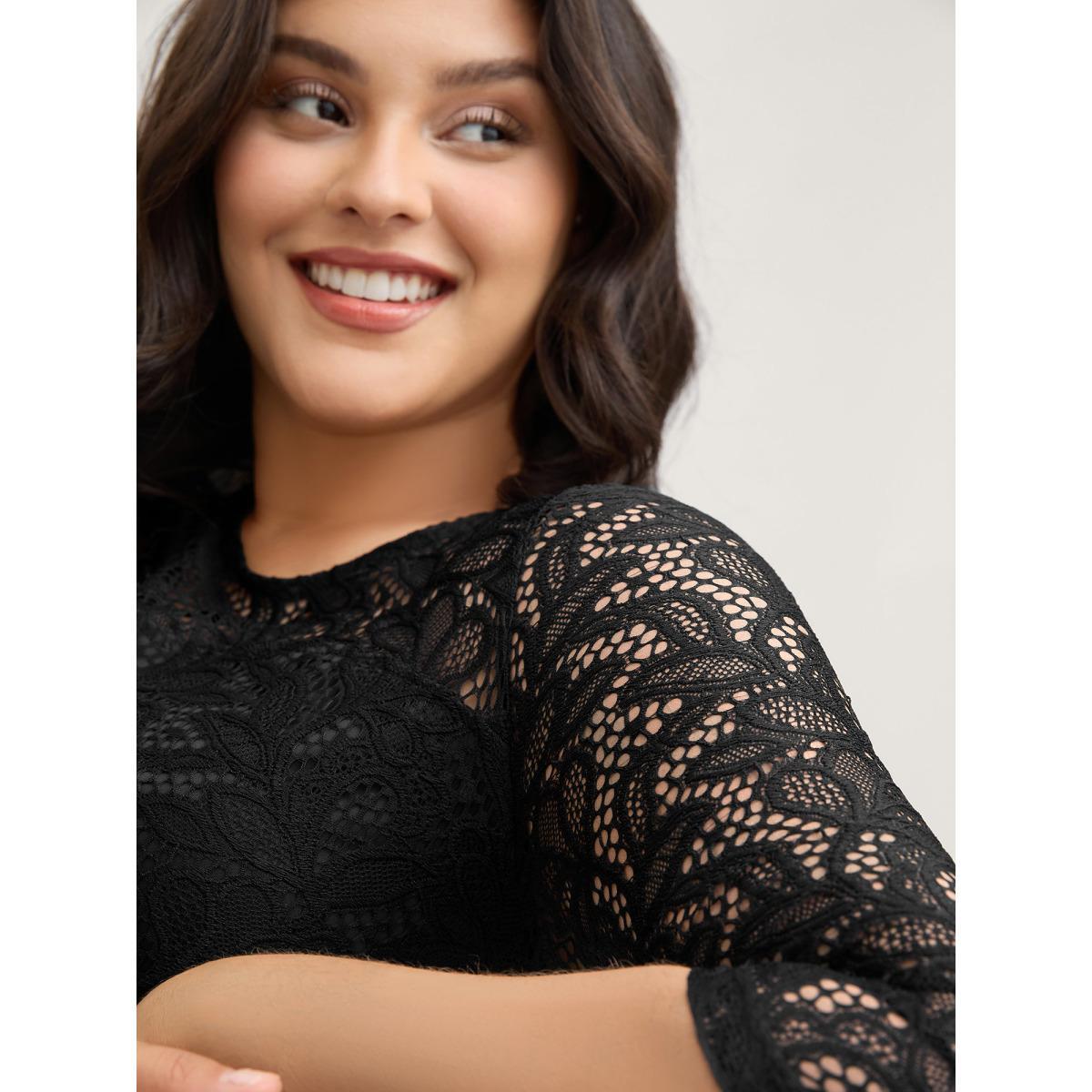 Plus Size Lace Patchwork Shirred Midi Pocket Dress Black Women Formal Woven ribbon&lace trim Round Neck Elbow-length sleeve Curvy BloomChic 22-24/3X Product Image