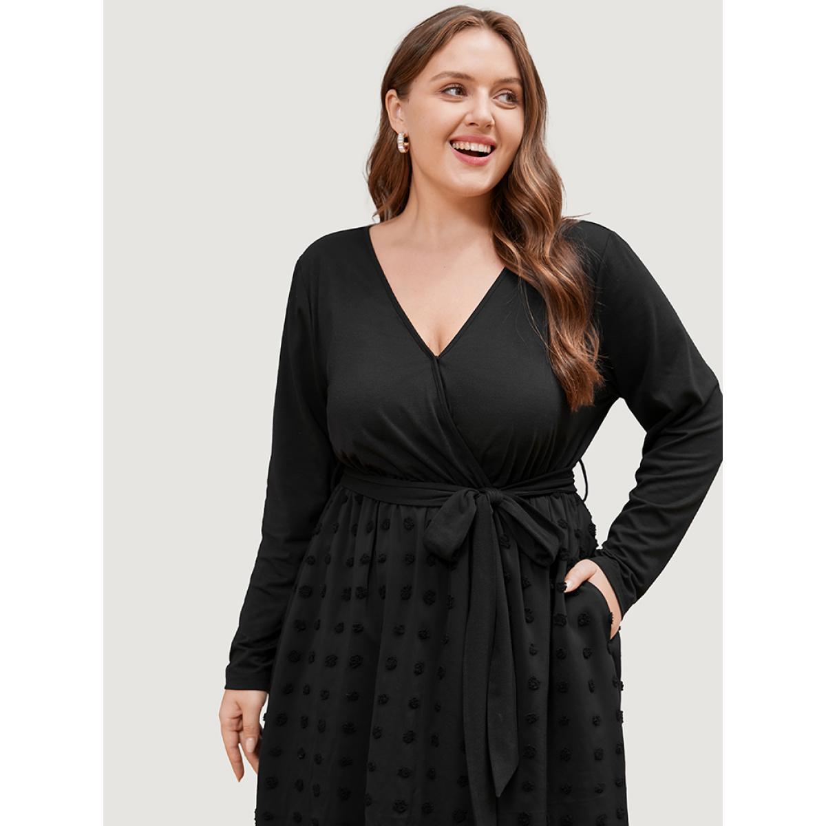 Plus Size Solid Surplice Neck Pocket Mesh Patchwork Belted Dress Black Women Casual Elastic Waist V-neck Long Sleeve Curvy Midi Dress BloomChic 28/5X Product Image
