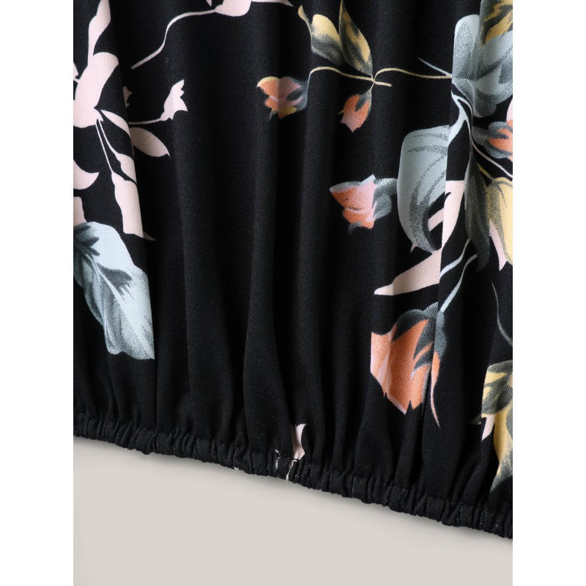 Plus Size Stretchy Larger Flower Print Neck Tie T-Shirt BlackFlower Women Contrast V-neck Everyday-Elegant T-shirts BloomChic 18-20/2X Product Image