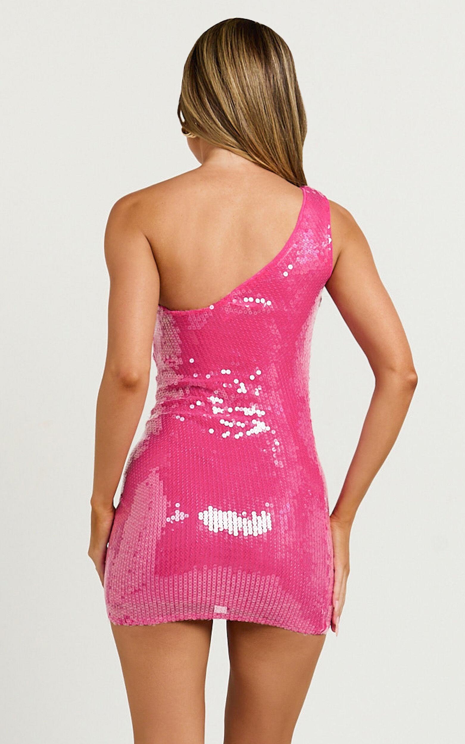 Tymia Mini Dress - Sequin One Shoulder Bodycon Dress in Hot Pink Product Image