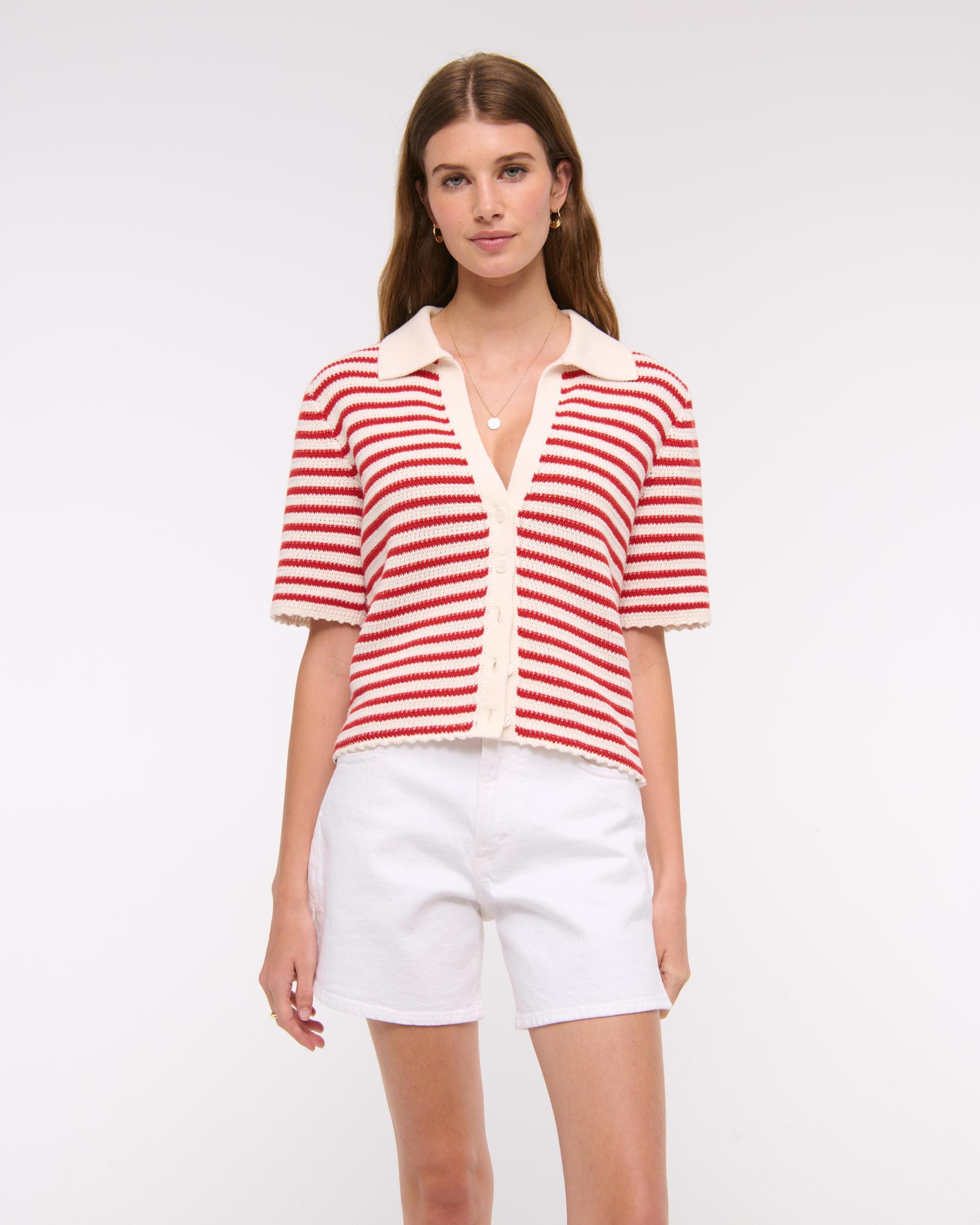 Short-Sleeve Crochet-Style Polo Product Image