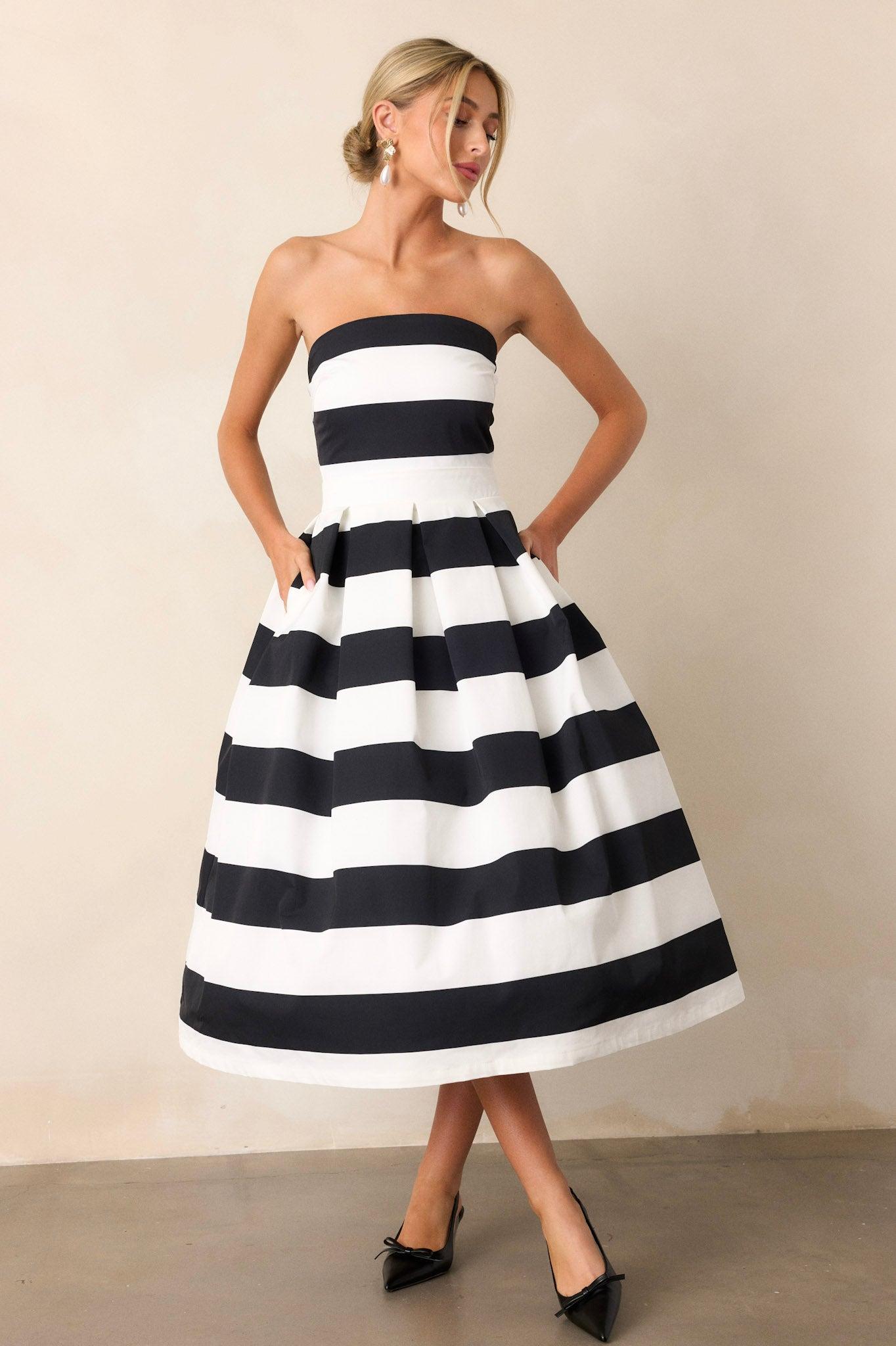 Crisp Contrast Black & White Stripe Strapless Midi Dress Product Image