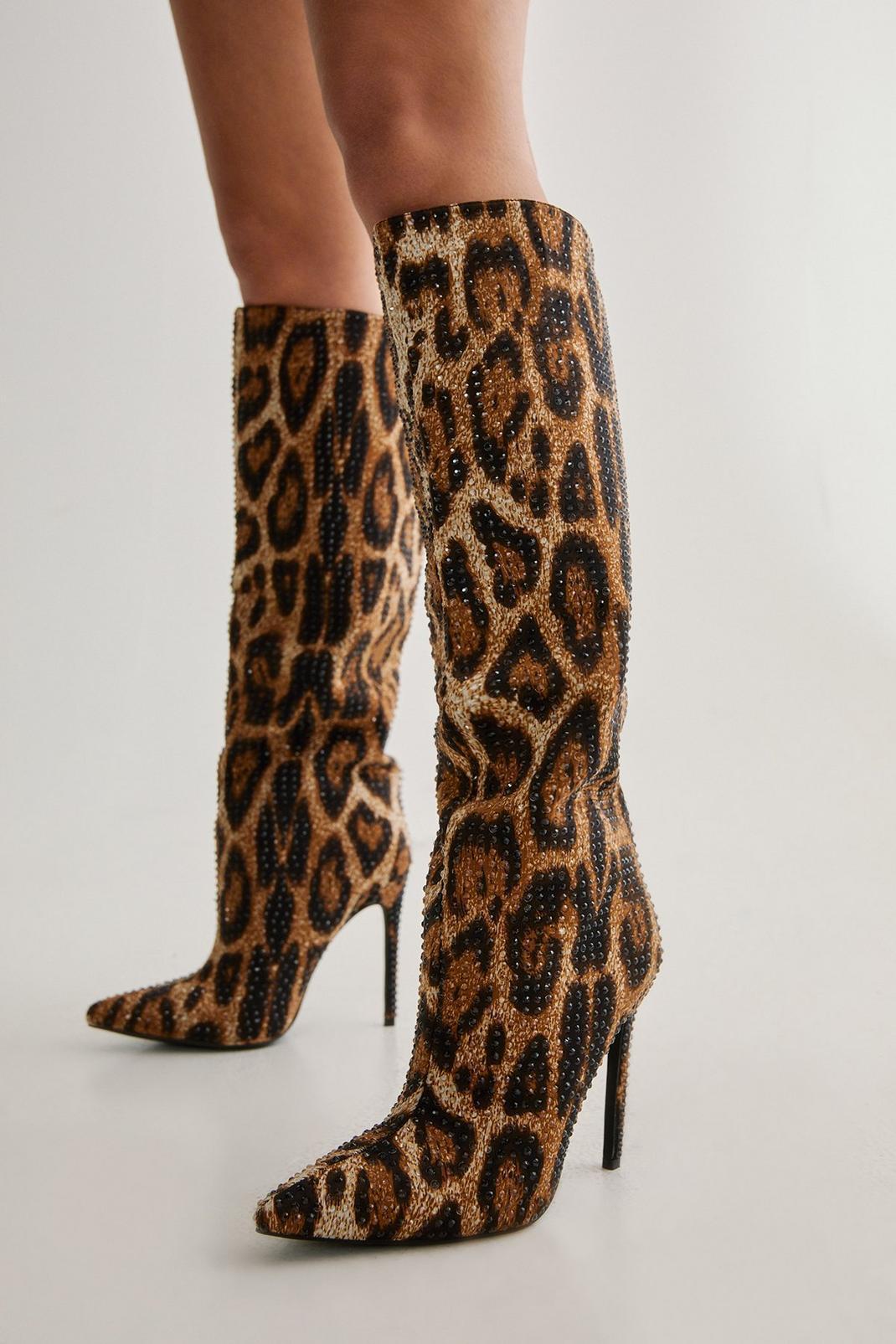 Diamante Embellished Leopard Print Knee High Heeled Boot  Product Image