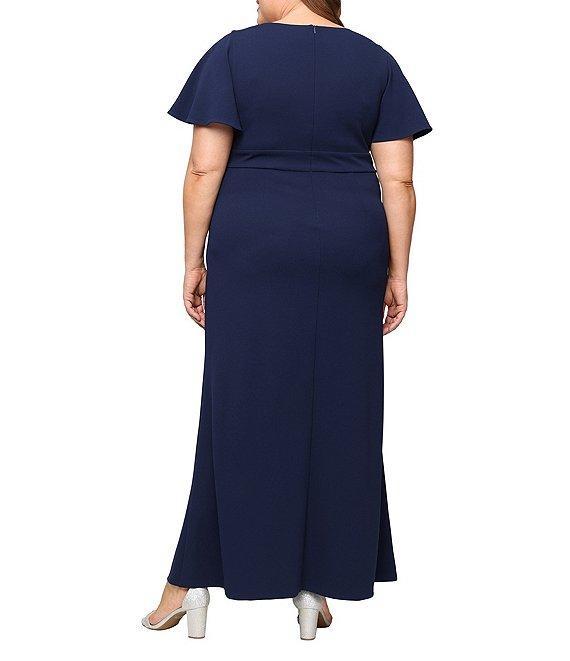 Ignite Evenings Plus Size Scuba Crepe Ruched Waist Cascade Skirt Short Flutter Sleeve Dress Product Image