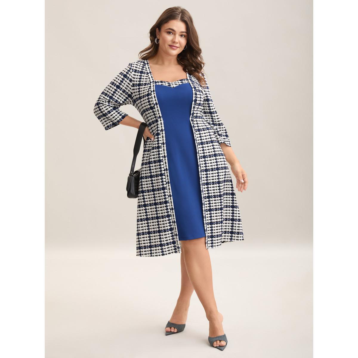 Plus Size Houndstooth Print Waist-Cinched Patchwork Midi Dress Mediumblue Women At the Office Patchwork Knit Dresses Bloomchic 22-24/3X Product Image