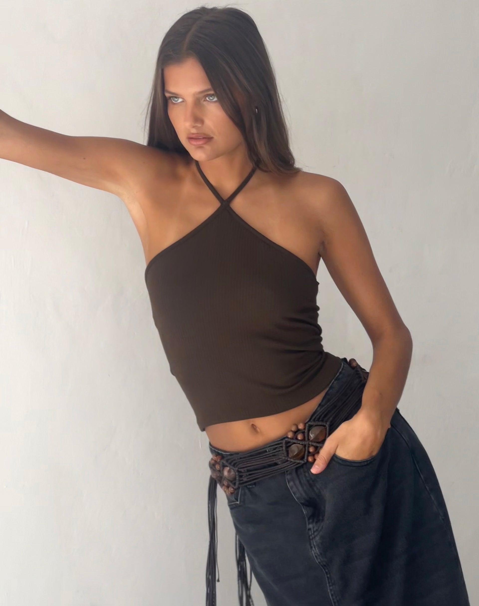 Beri Ribbed Halterneck Top in Brown Female Product Image
