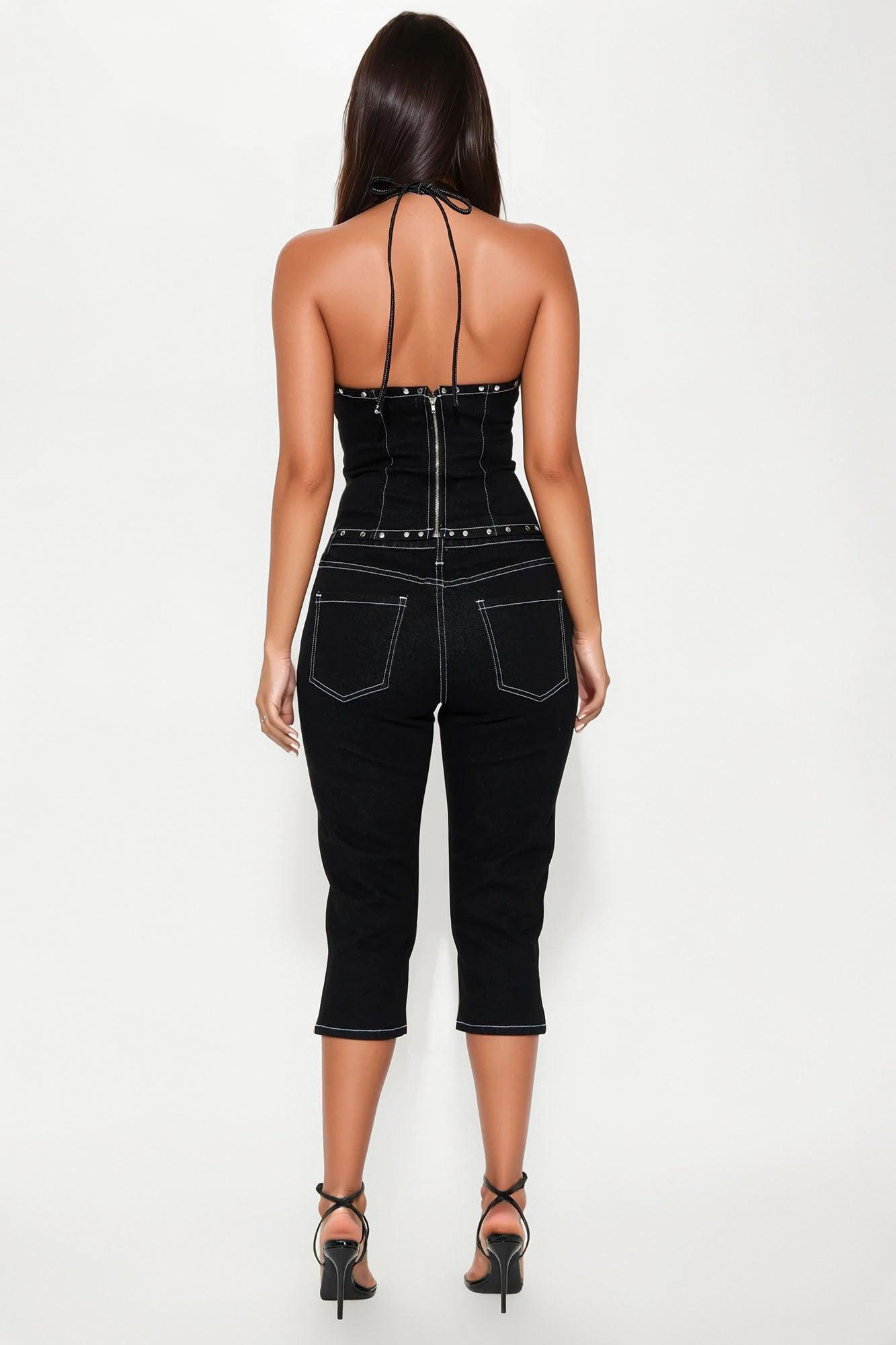 After Dark Lace Up Corset Capri Pant Set  - Black Female Product Image