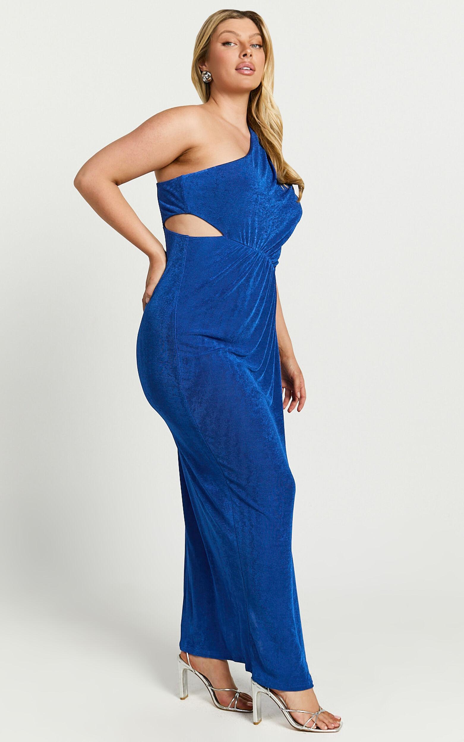 Cristle Midi Dress - One Shoulder Side Cut Out Thigh Split Dress in Cobalt Product Image