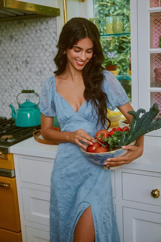 Blossoming with Charm Blue Embroidered Tie-Back Midi Dress Product Image