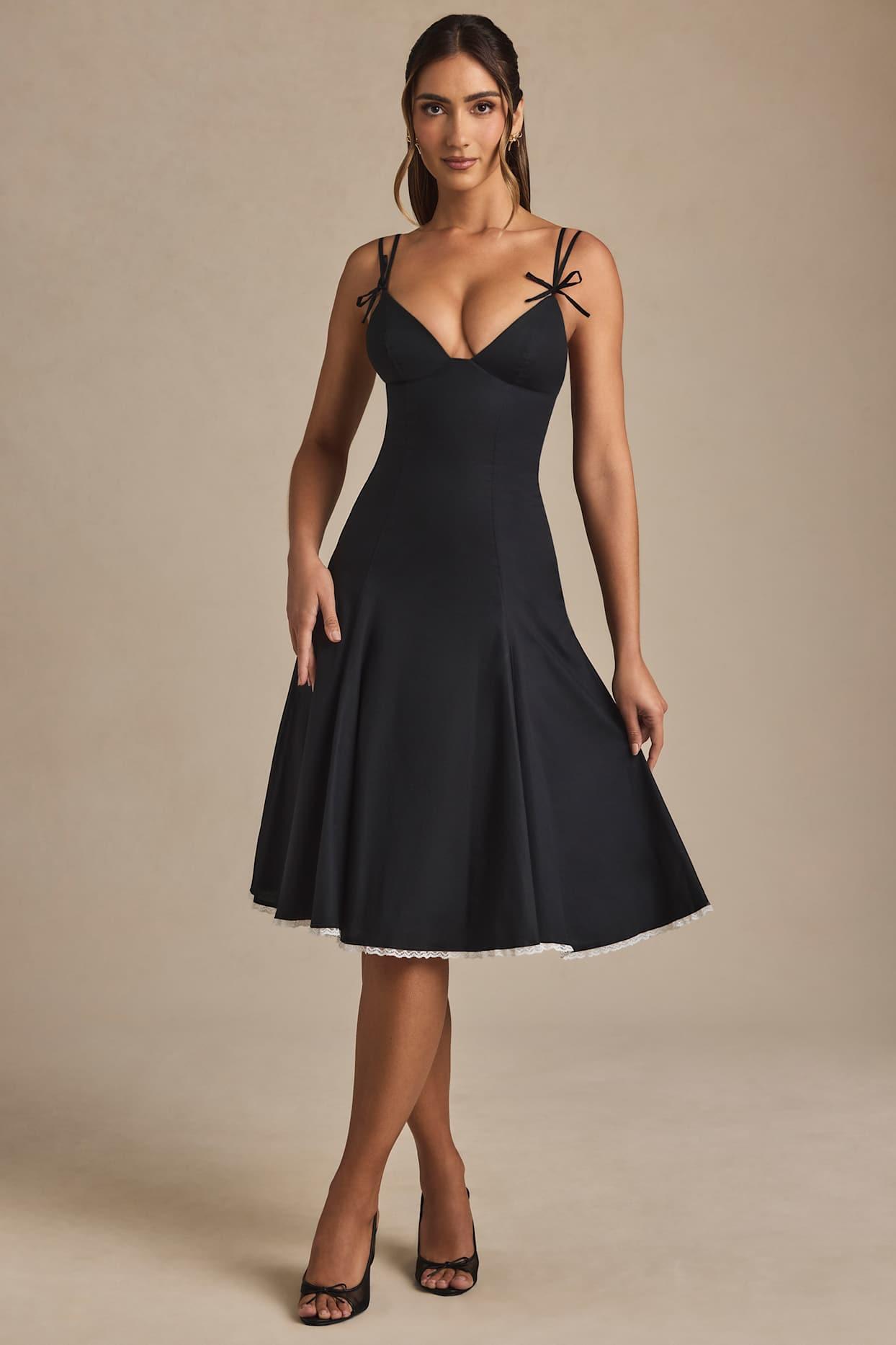 Bow-Detail Lace-Trim A-Line Midi Dress in Black Product Image