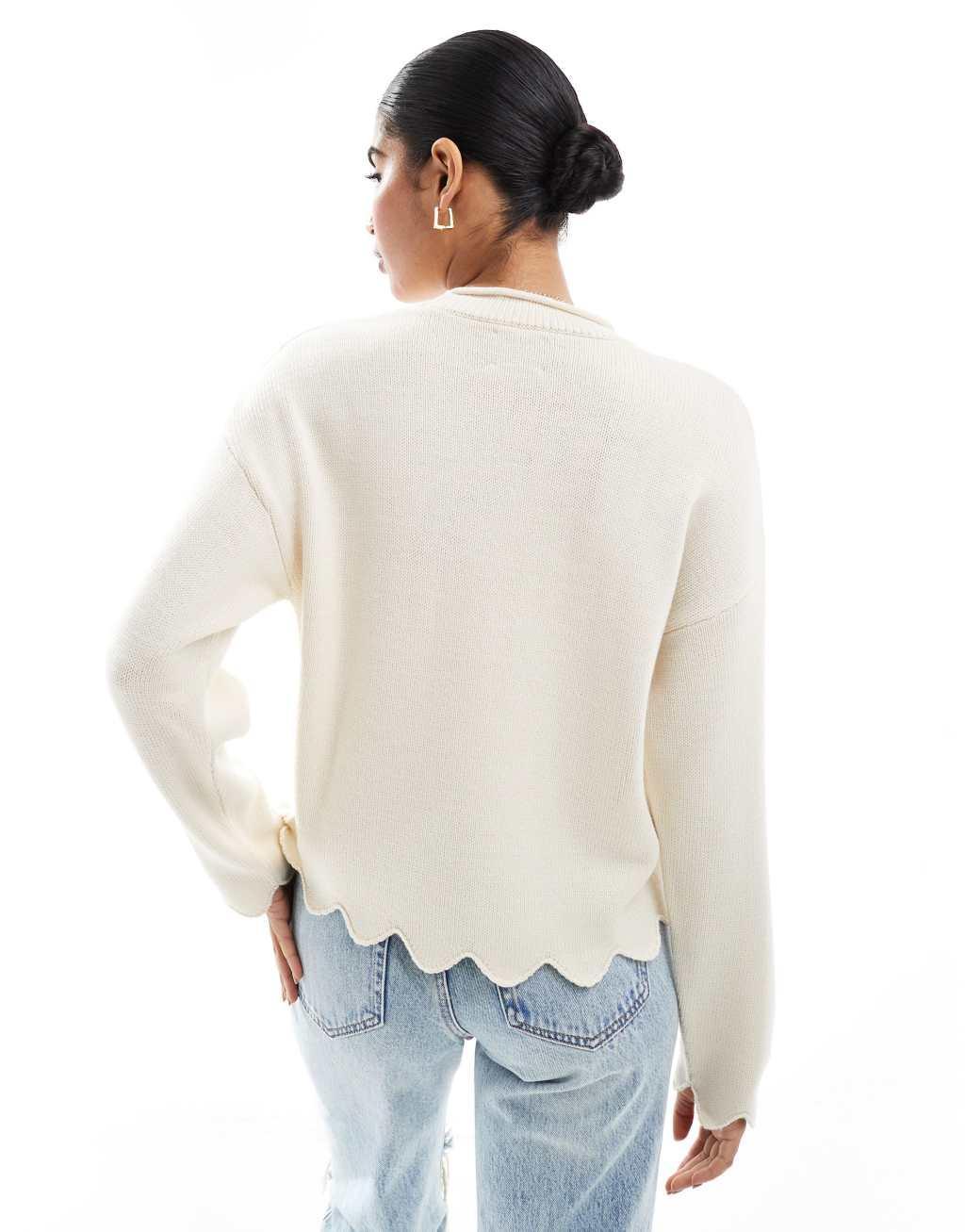 ASOS DESIGN knitted sweater with scallop edge in cream Product Image