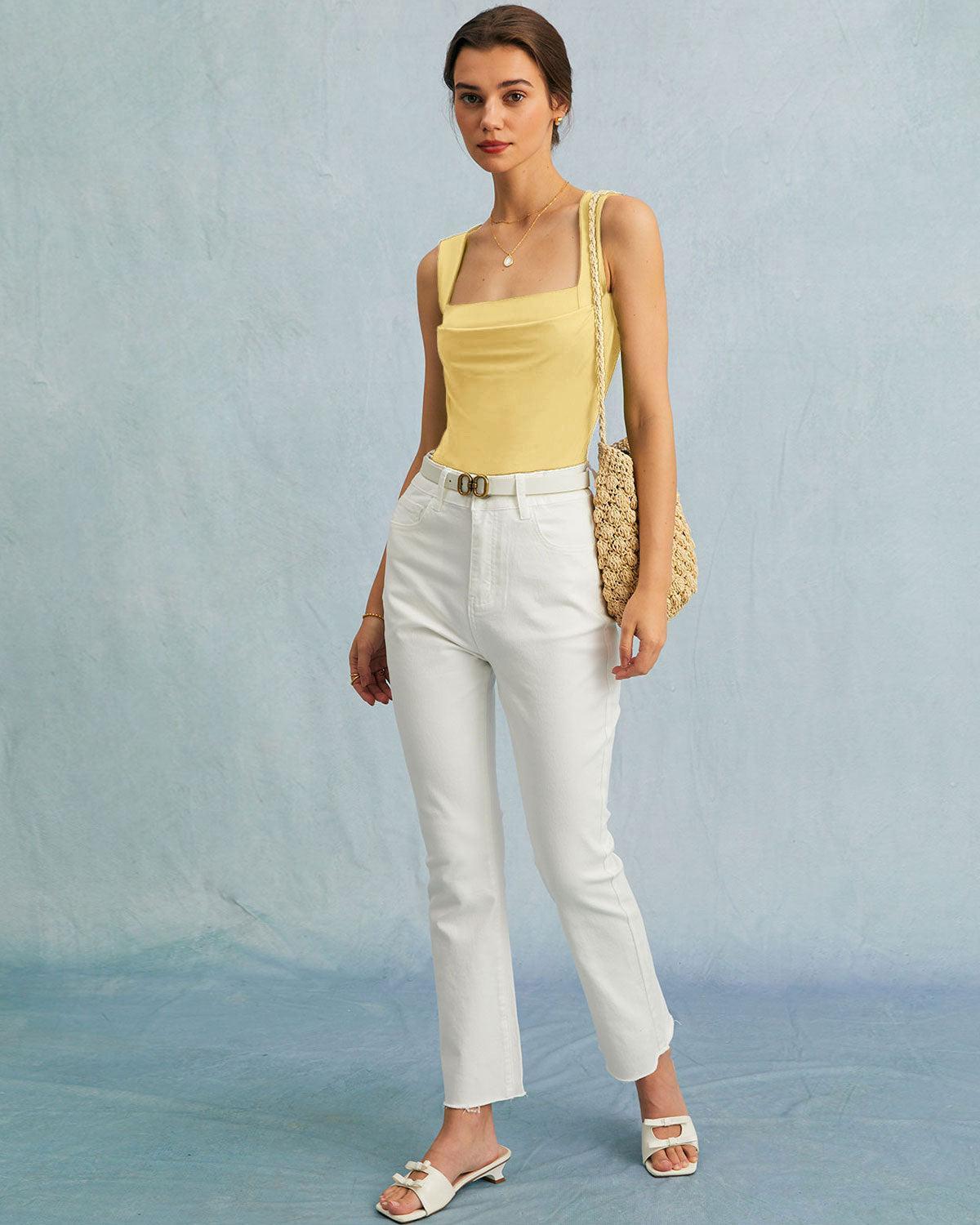 Yellow Square Neck Ruched Tank Top Product Image