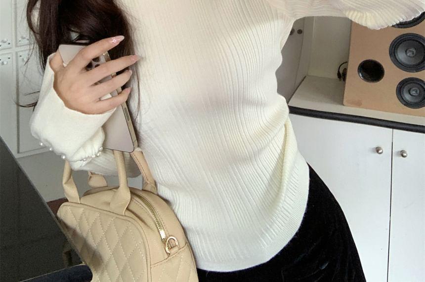 Flared-Cuff High Neck Plain Ribbed Faux Pearl Knit Top Product Image