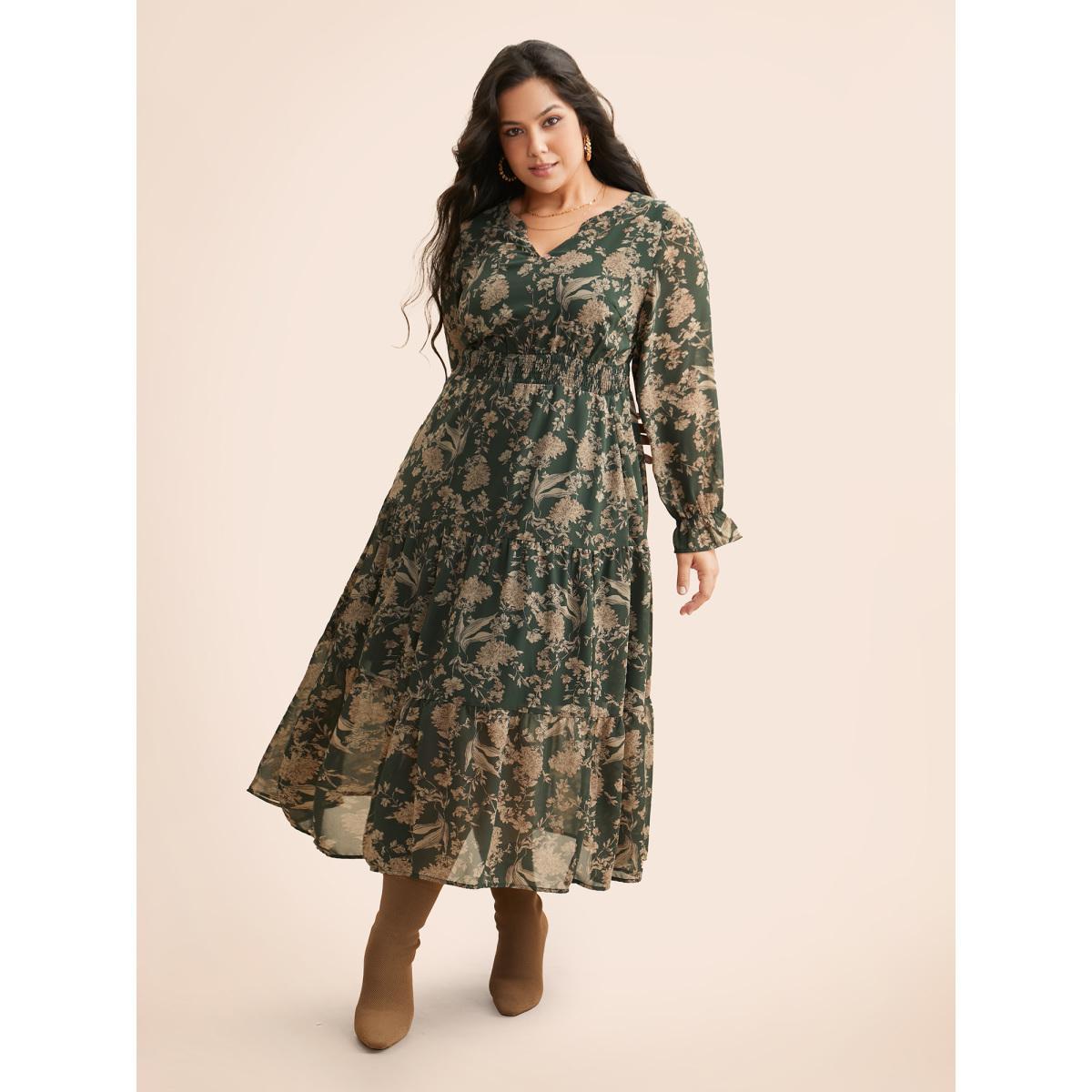 Plus Size Floral Shirred Ruffles See Through Dress ArmyGreen Women Elegant See through Flat collar with V-notch Long Sleeve Curvy BloomChic 30/6X Product Image