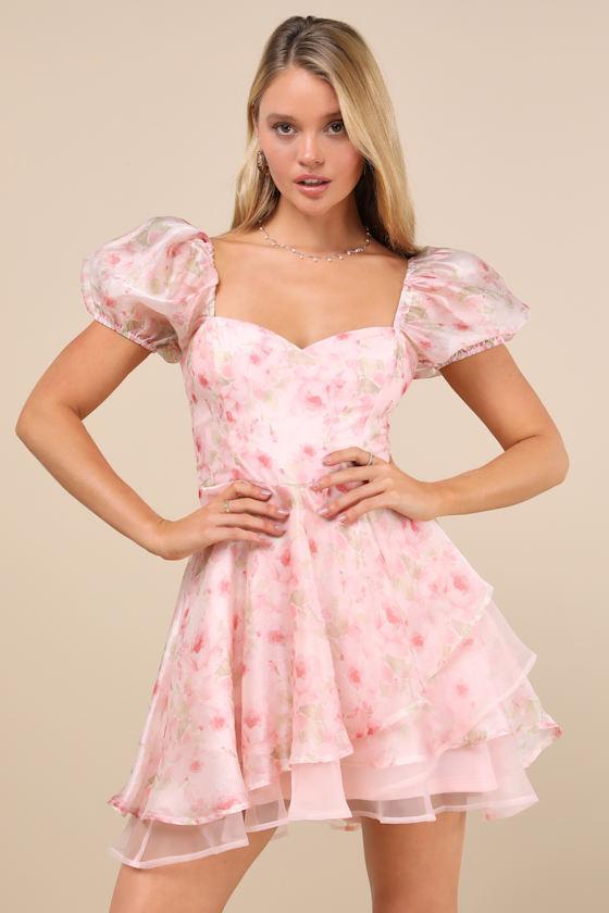 Captivating Sweetheart Pink Floral Tiered Puff Sleeve Mini Dress Product Image