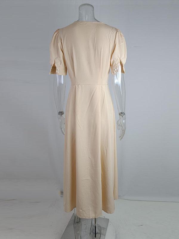 High Waisted Loose Buttoned Round-Neck Midi Dresses Product Image