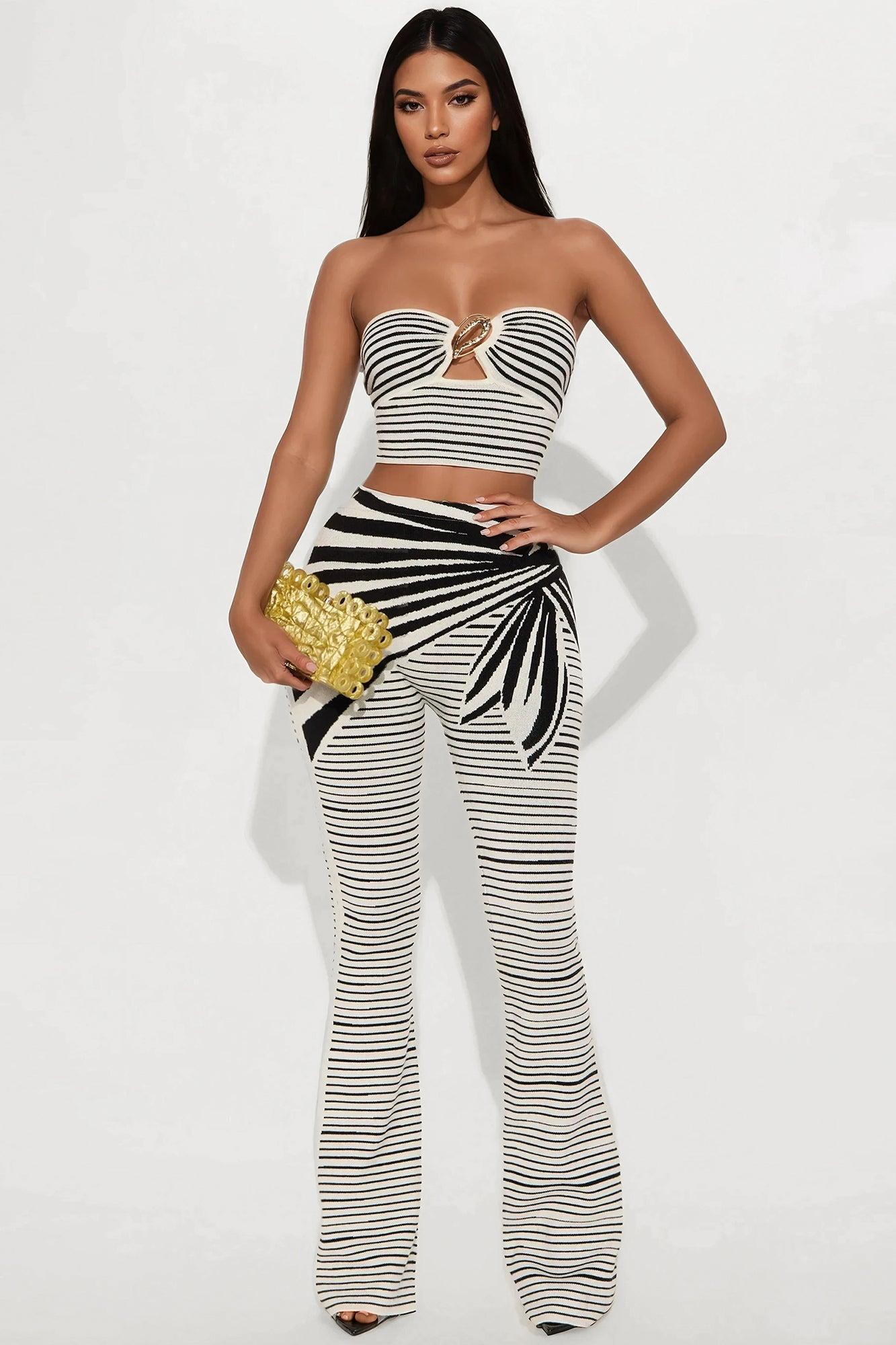 Knot Your Average Sweater Knit Pant Set - White/Black Product Image