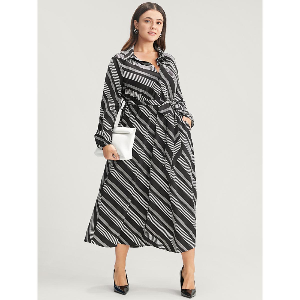 Plus Size Striped Lantern Sleeve Pocket Belted Lapel Collar Dress Black Women Office Belted Lapel Collar Long Sleeve Curvy Midi Dress BloomChic 10/M Product Image