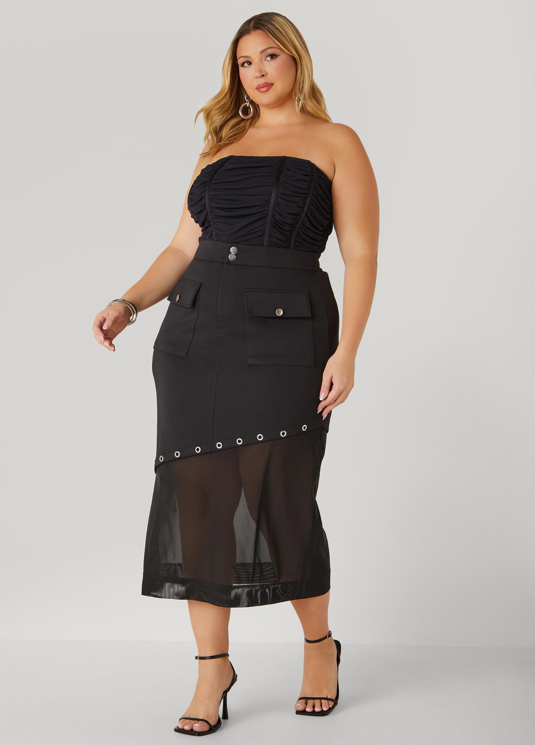 Plus Size Asymmetric Mesh Paneled Skirt Ashley Stewart Product Image