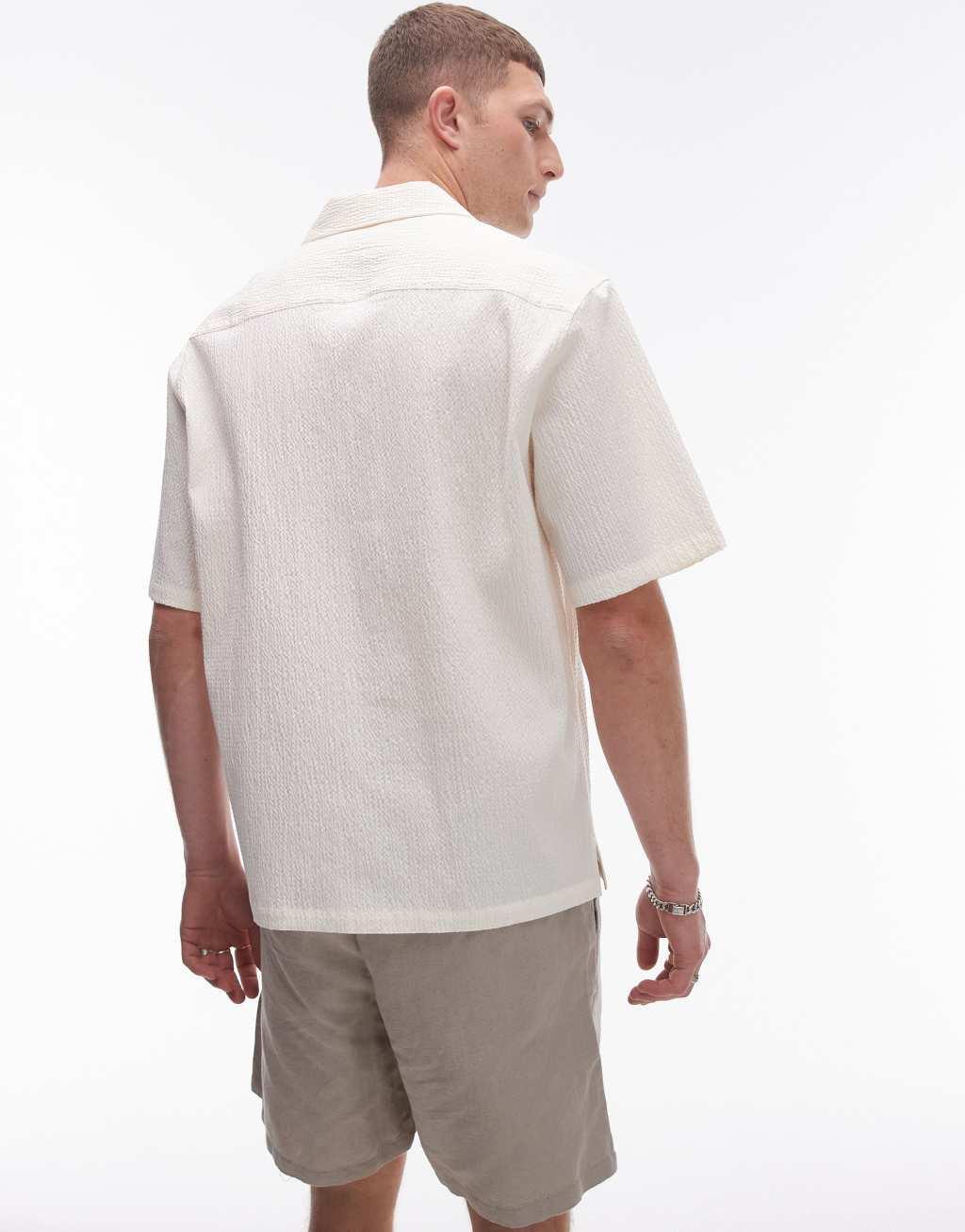 Topman short sleeve relaxed seersucker shirt in ecru Product Image