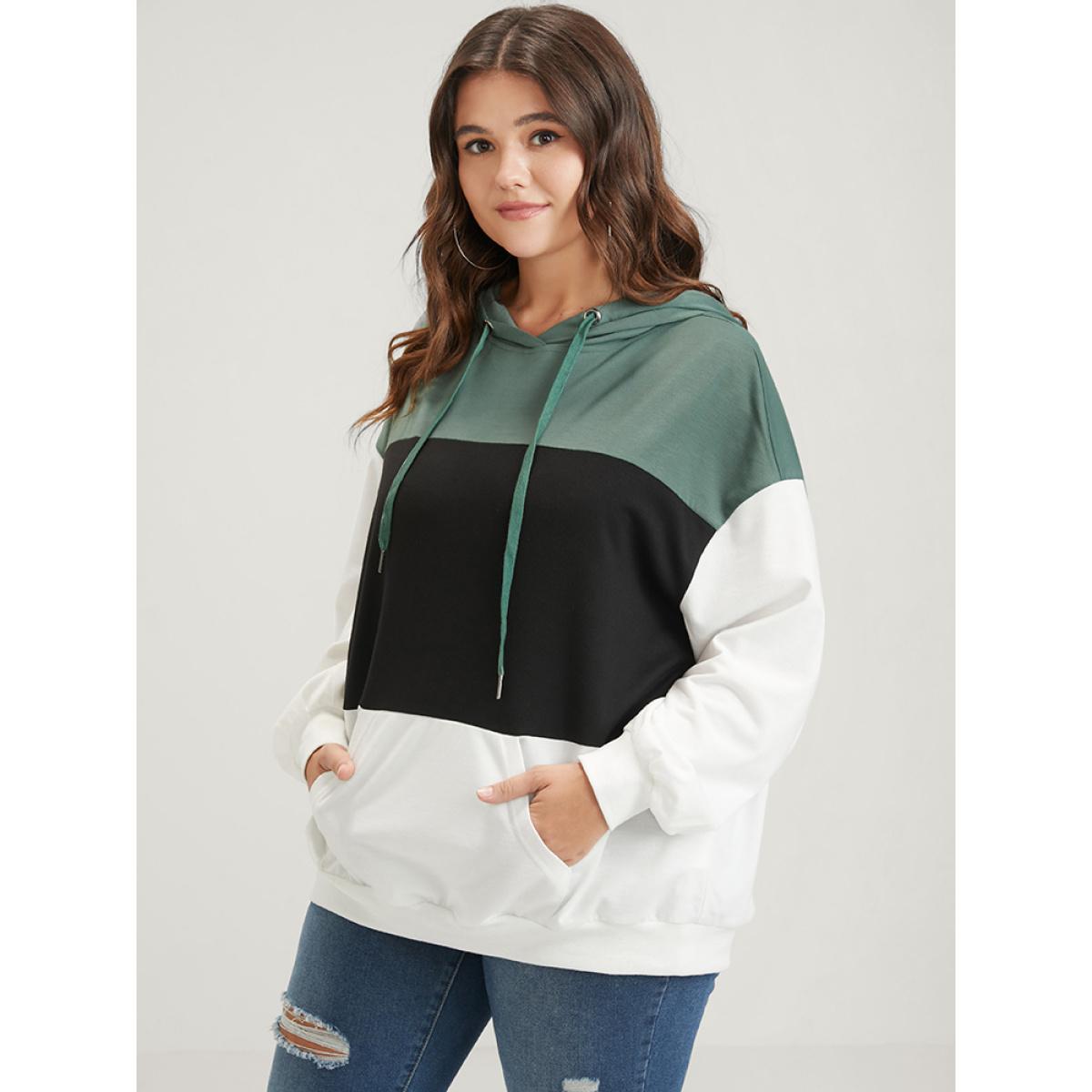 Plus Size Colorblock Contrast Drawstring Pocket Hooded Drop Shoulder Sweatshirt Women Multicolor Casual Contrast Hooded Dailywear Sweatshirts BloomChic 14-16/1X Product Image