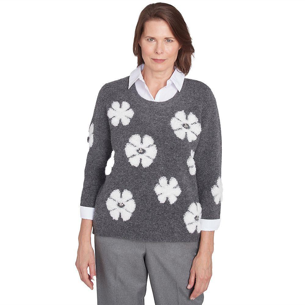 Womens Alfred Dunner Floral Collared Two-In-One Sweater Grey Product Image