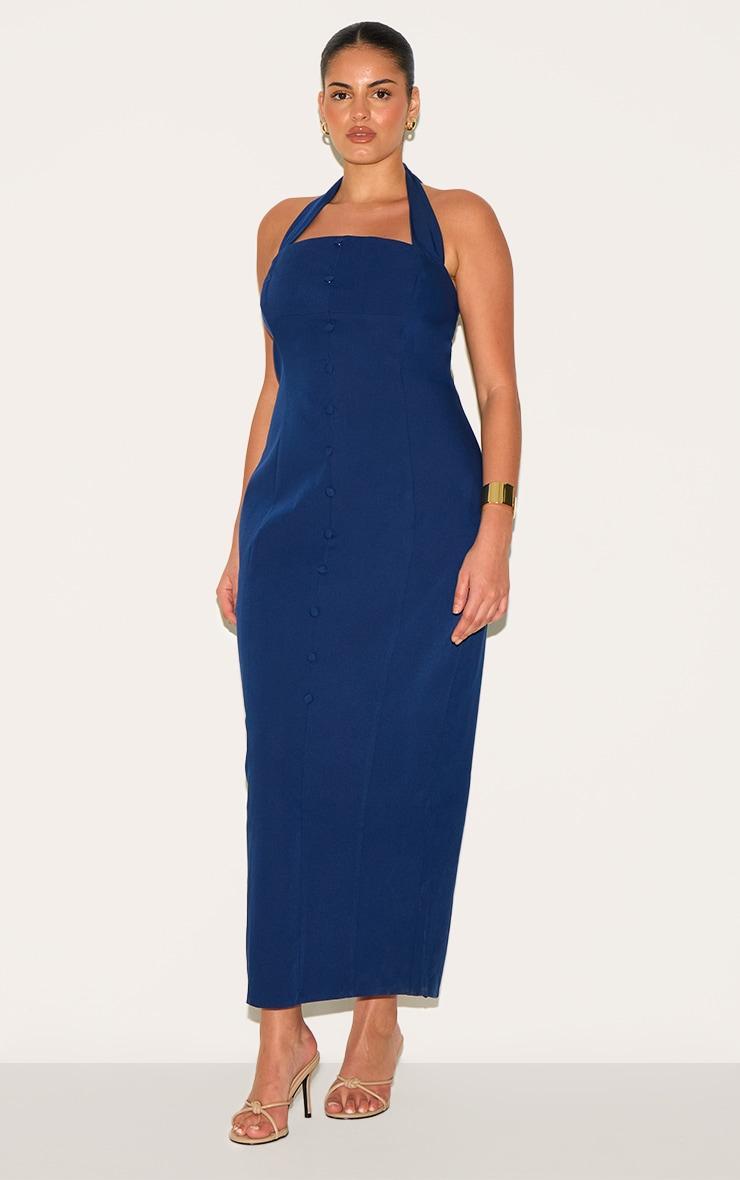 Plus Navy Woven Halter Button Maxi Dress Product Image