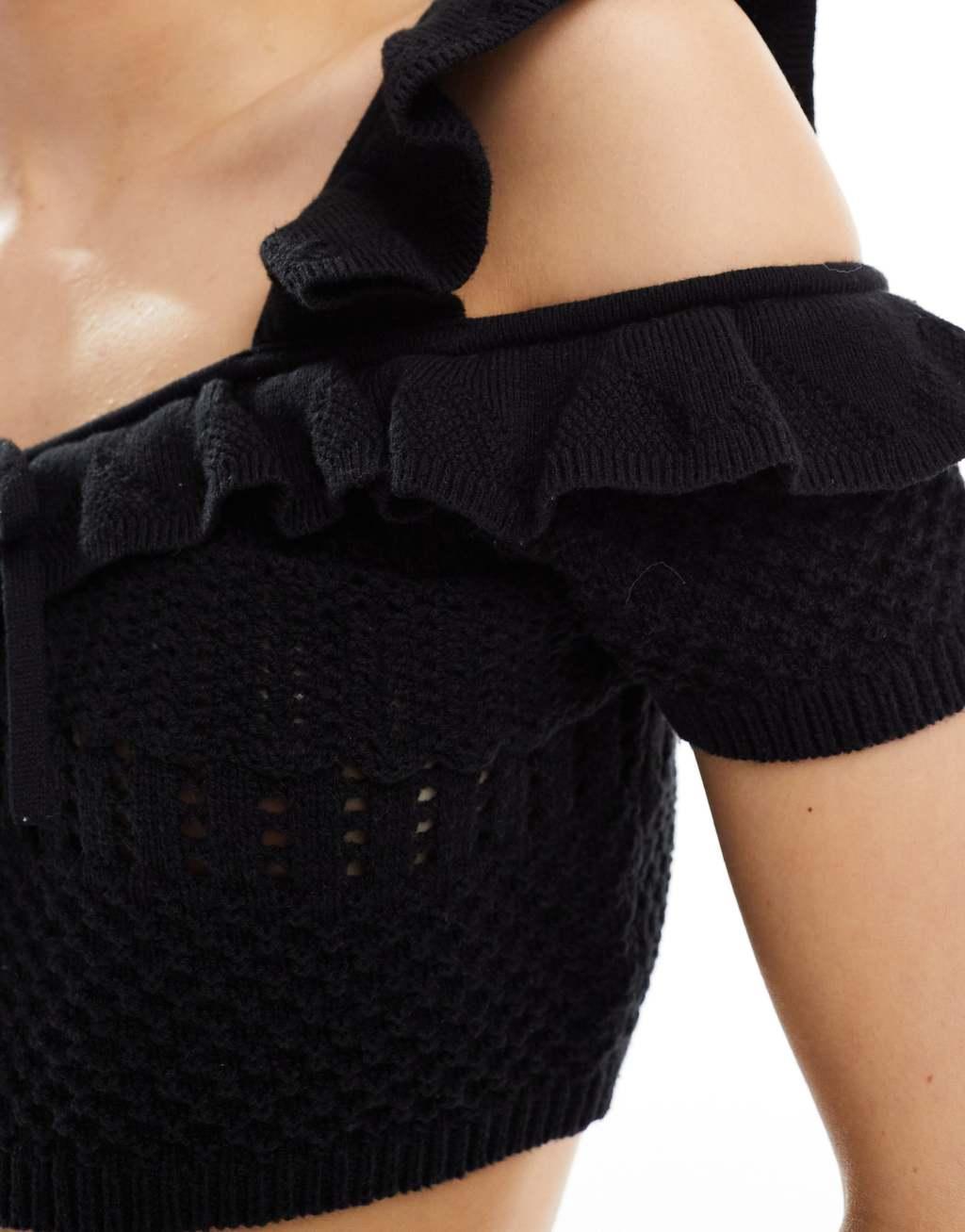 ASOS DESIGN knit stitch cami top with tie detail in black - part of a set Product Image