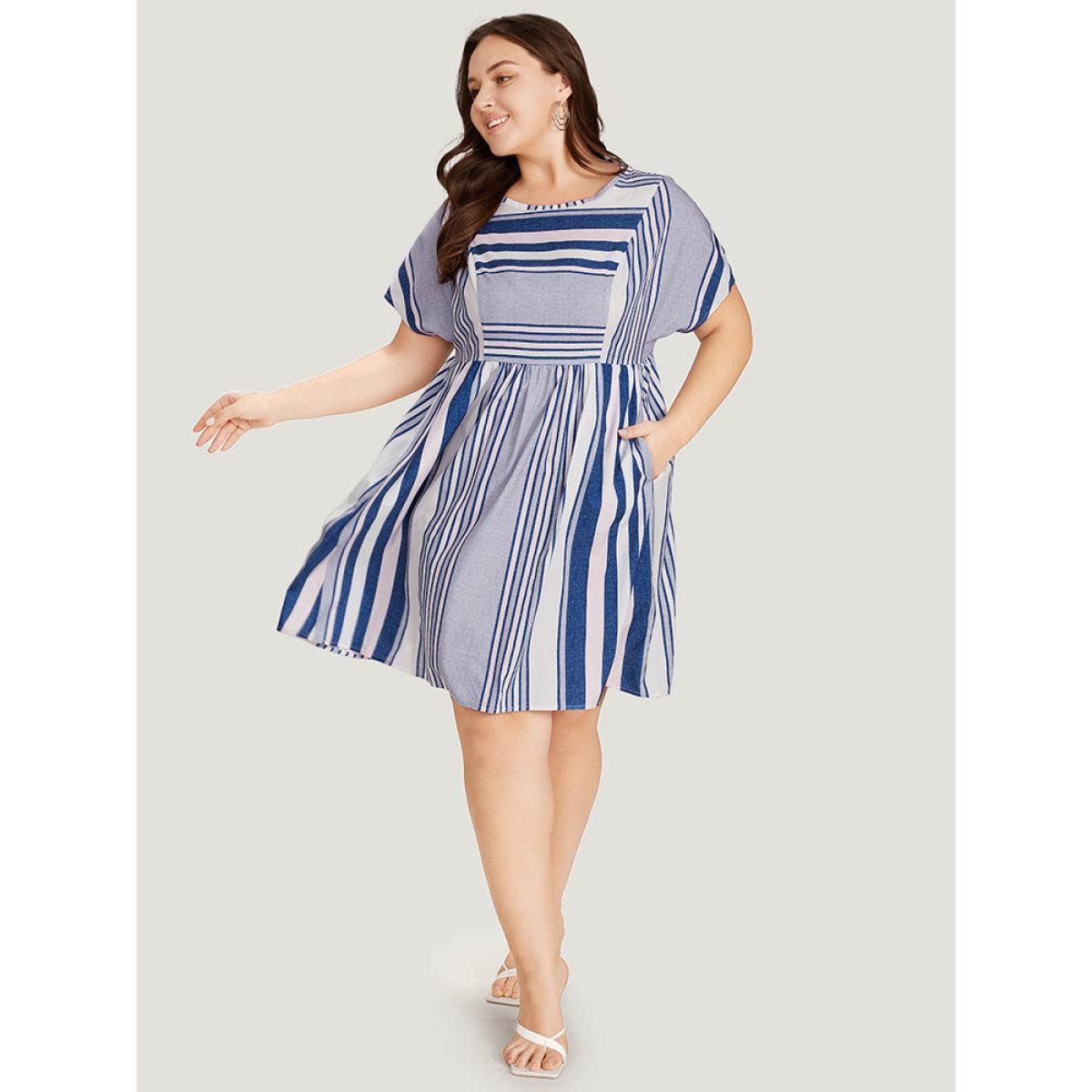 Plus Size Striped Print Patchwork Ruffle Sleeve Ruched Dress DarkBlue Women Vacation Round Neck Short sleeve Curvy Knee Dress BloomChic 30/6X Product Image