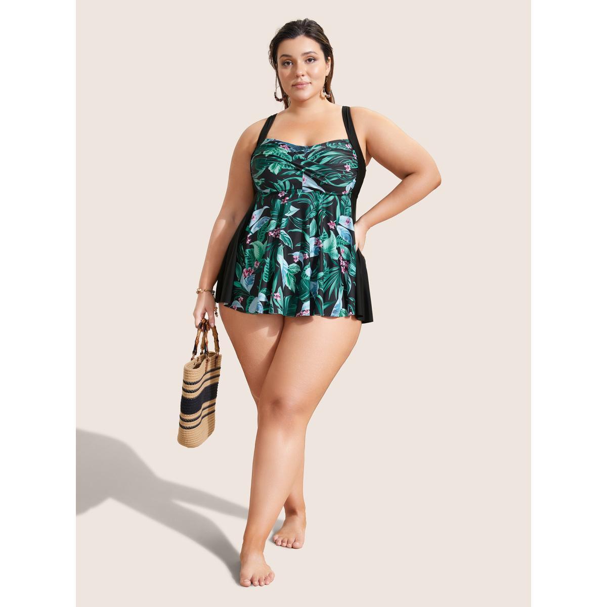 Plus Size Tropical Print Crossover Swim Top Women's Swimwear Multicolor Beach Twist High stretch Bodycon Heart neckline Curve Swim Tops BloomChic 18-20/2X Product Image