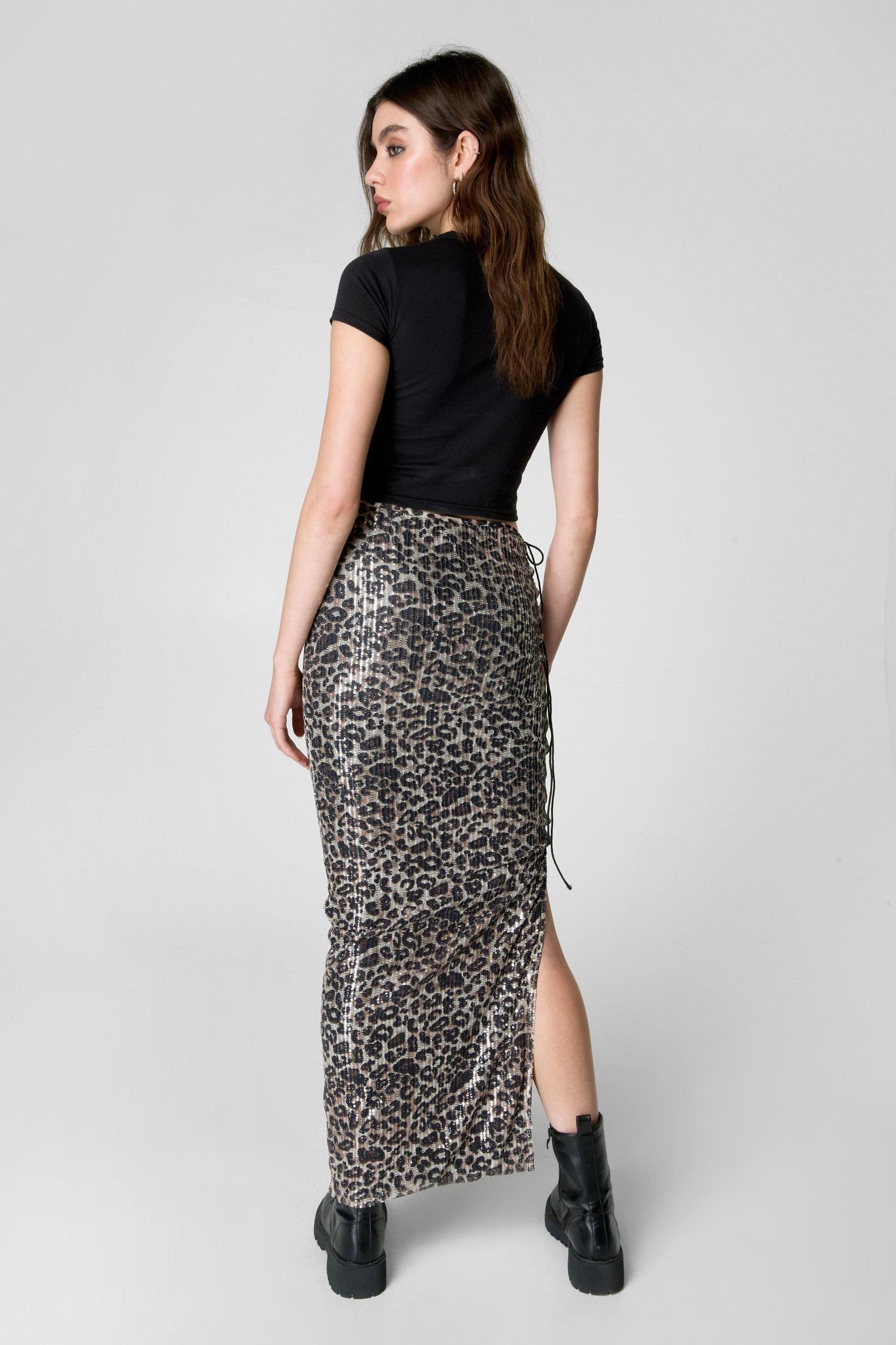 Leopard Sequin Lace Cut Out Maxi Skirt Product Image