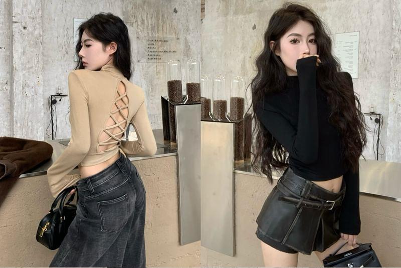 Long Sleeve Mock Neck Plain Cutout Back Crop Top Product Image