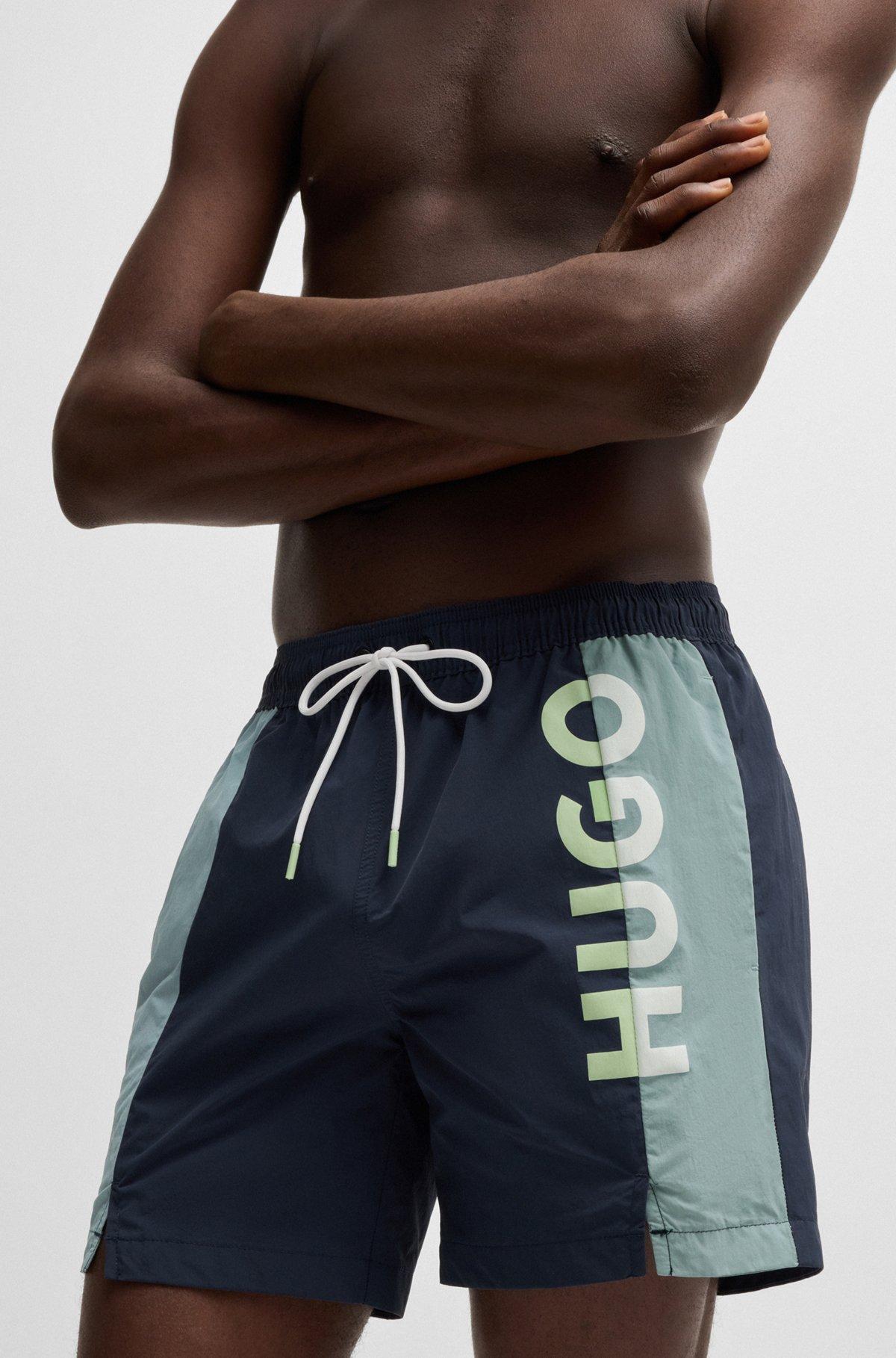 HUGO - Color-blocked swim shorts with two-tone logo - Dark Blue Product Image