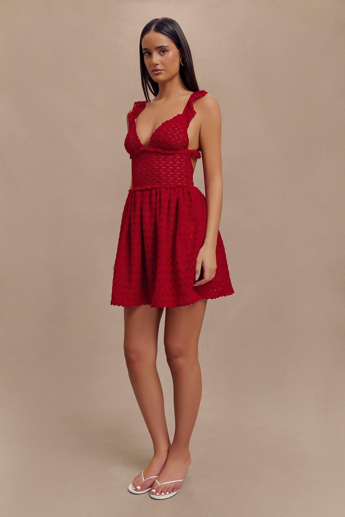 Ezra Lace Mini Dress - Deep Red Product Image