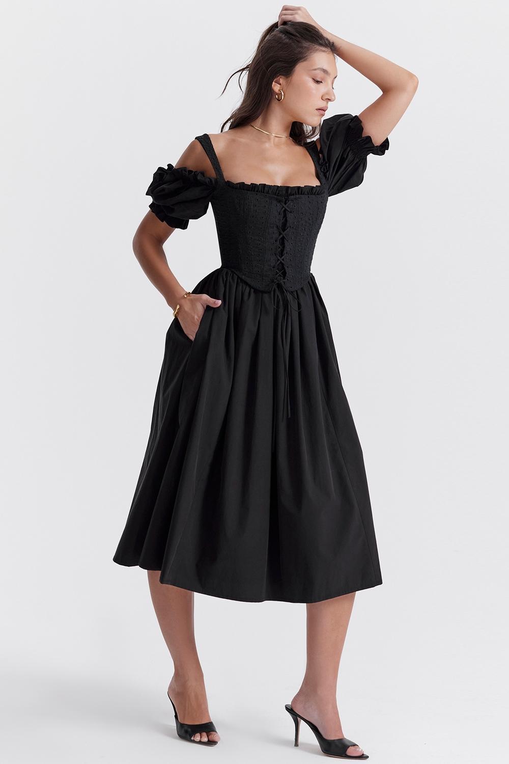 Silvana Black Puff Sleeve Midi Sundress Product Image