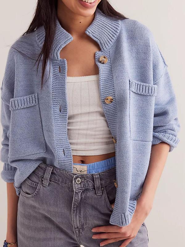 Long Sleeves Loose Buttoned Pockets Solid Color Split-Joint Stand Collar Cardigan Tops Product Image