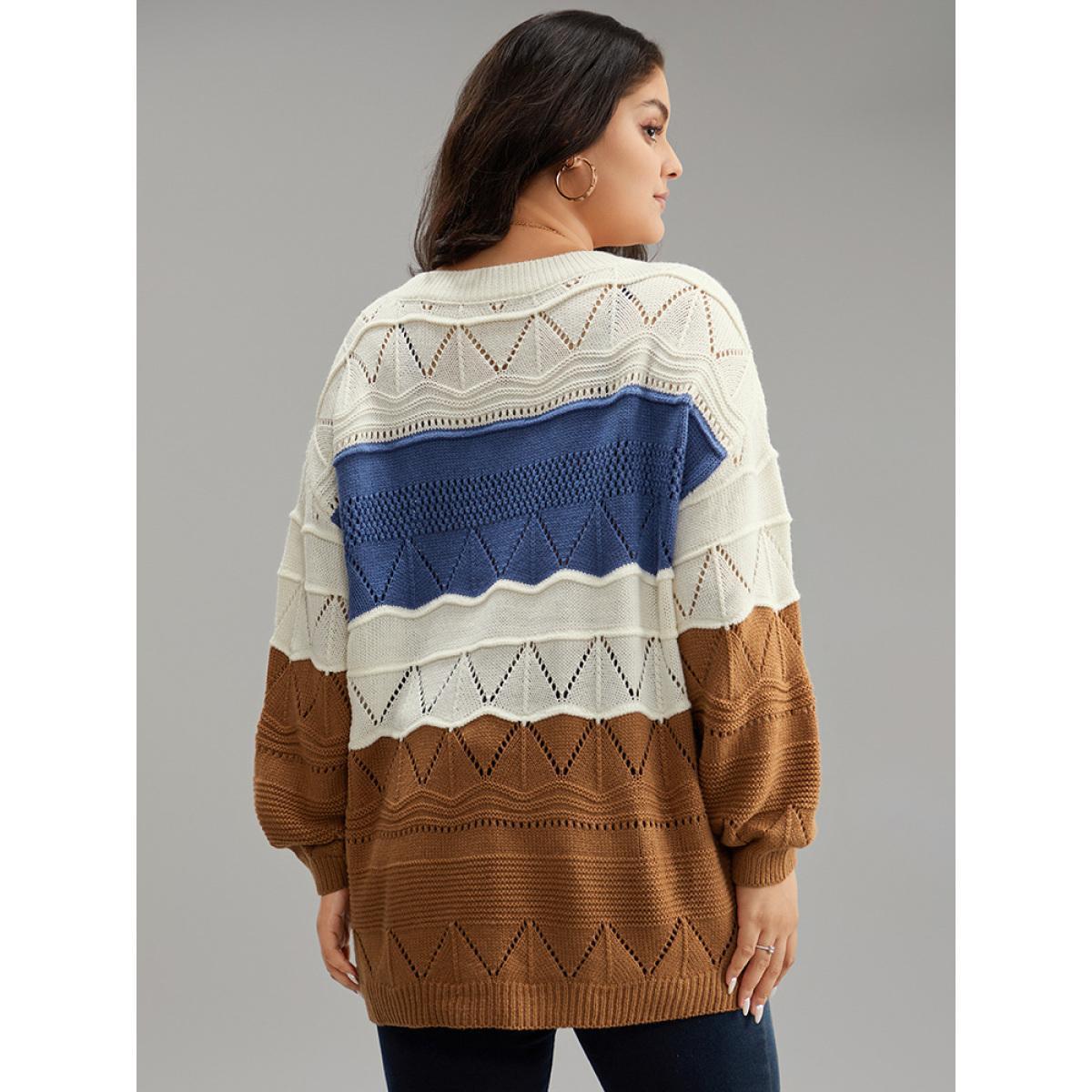 Plus Size Contrast Eyelet Patchwork Elastic Cuffs Pullover Multicolor Women Casual Loose Long Sleeve Round Neck Dailywear Pullovers BloomChic 28/5X Product Image