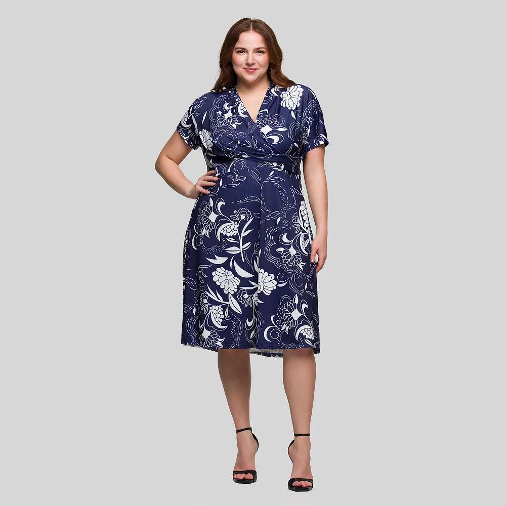 Plus Size 24Seven Comfort Apparel V-Neck Knee Length Short Sleeve Wrap Dress, Women's, Size: 1XL, Blue Team Product Image