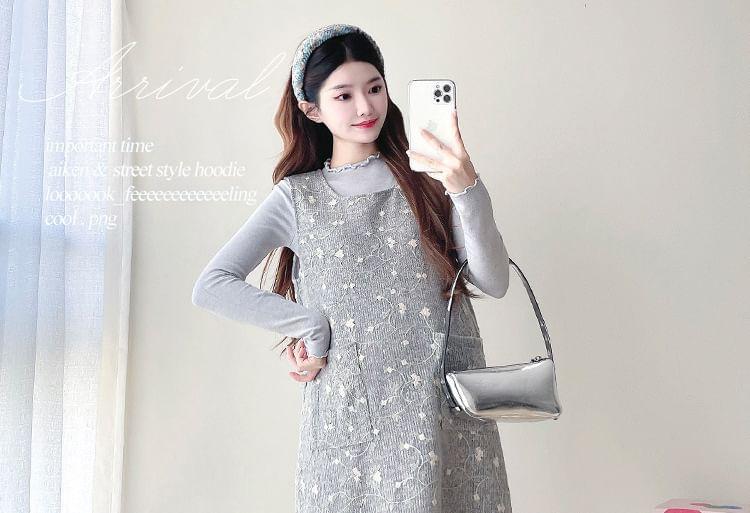 Maternity Long-Sleeve Lettuce Edge Knit Top / Scoop Neck Floral Embroidered A-Line Overall Dress Product Image