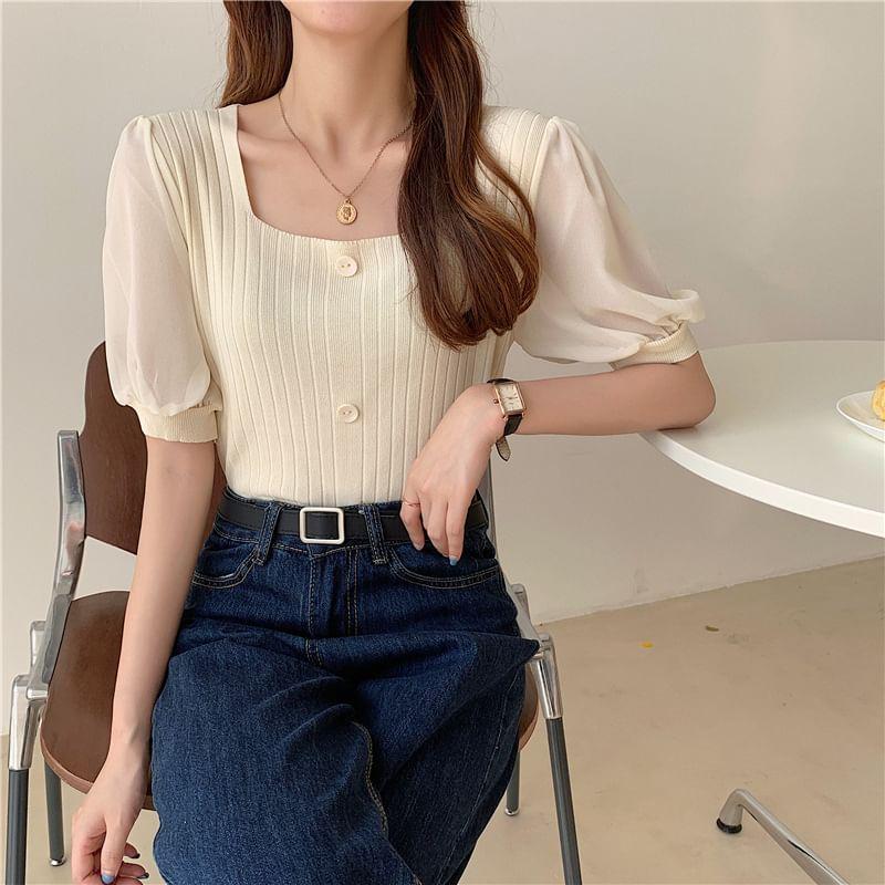 Puff-Sleeve Square-Neck Paneled Ribbed Button-Up Blouse Product Image