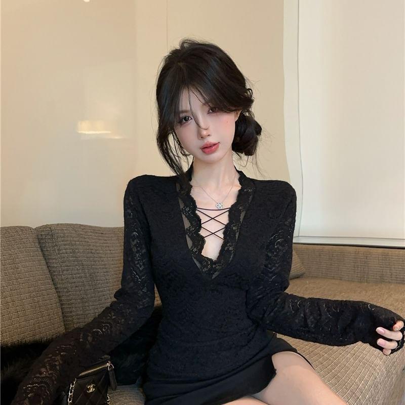 Long Sleeve V-Neck Plain Lace Up Lace Top Product Image