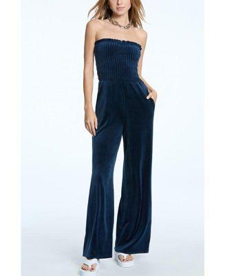 Womens Classic Velour Smocked Sleeveless Jumpsuit Product Image