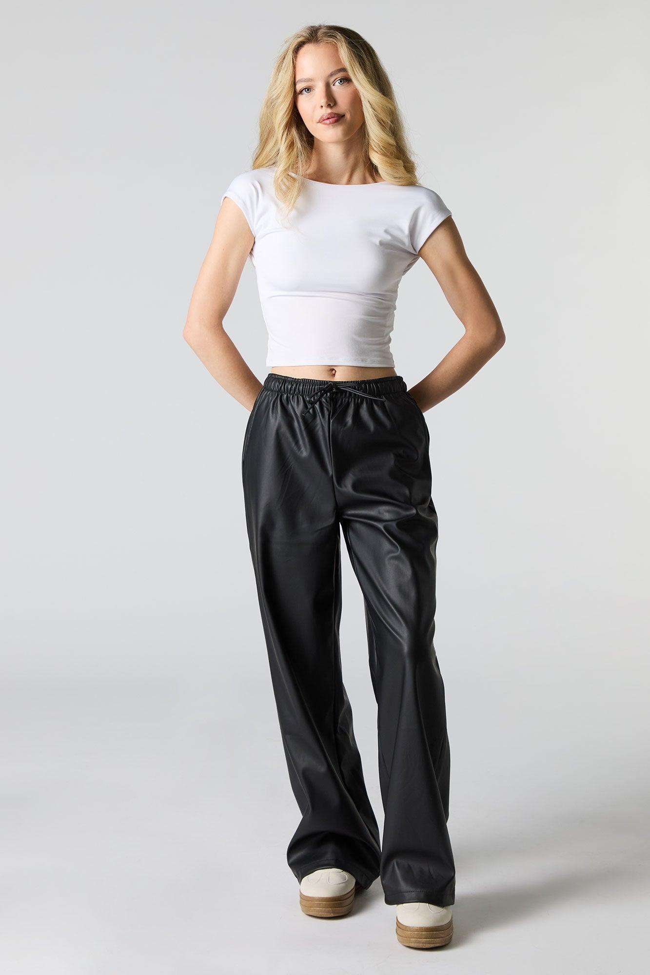 Faux Leather Drawstring Wide Leg Pant Female Product Image