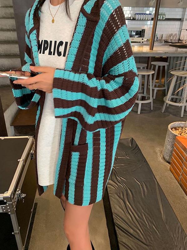 Knit Contrast Color Stripe Hooded Cardigan Product Image