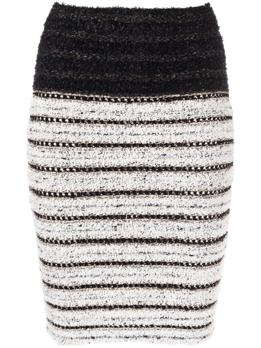 BALMAIN Chain-embellished Striped Tweed Skirt In Black,white Product Image