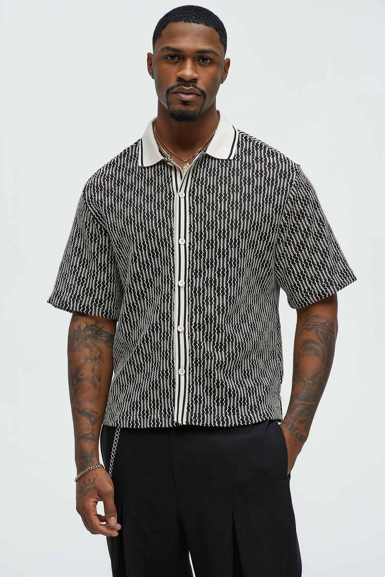 Zigzag Open Knit Crochet Cuban Shirt - Black/combo Product Image